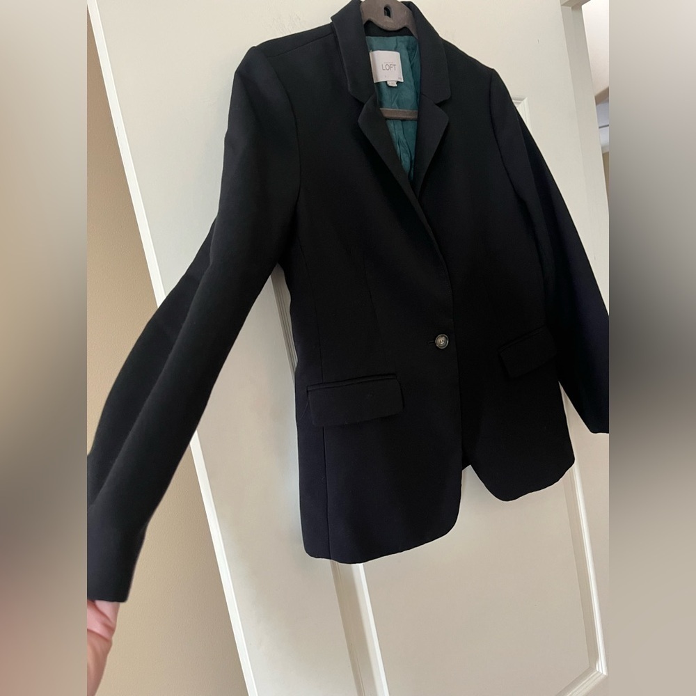 Loft Black Blazer Suit Jacket One Button Closure with Teal Lining Size 8 Petite - Picture 7 of 15